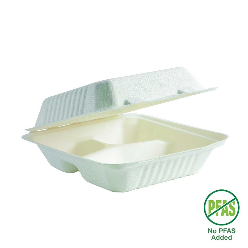 20x22x8cm / 7.8x8x3" 3-Compartment White Plant Fibre Clamshell