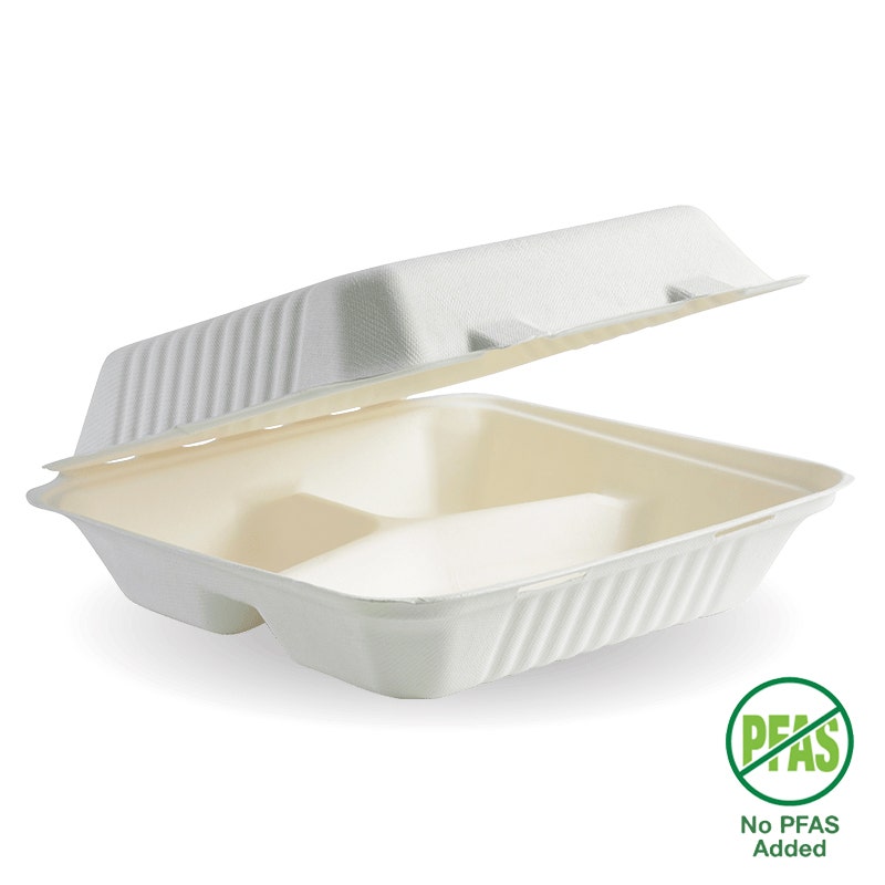 23x23x8cm / 9x9x3" 3-Compartment White Plant Fibre Clamshell