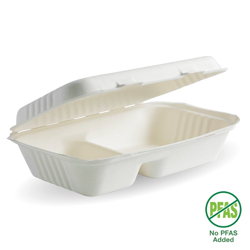 23x15x8cm / 9x6x3" 2-Compartment White Plant Fibre Clamshell
