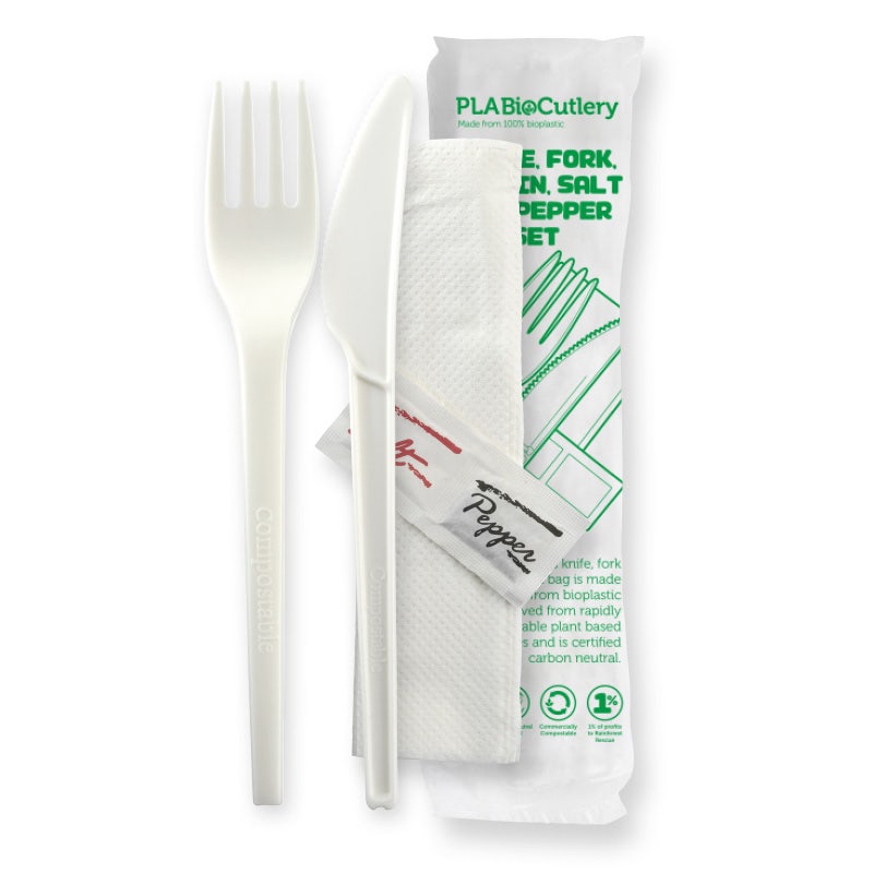 16.5cm / 6.5" PLA Knife, Fork, Napkin, Salt & Pepper Set 1