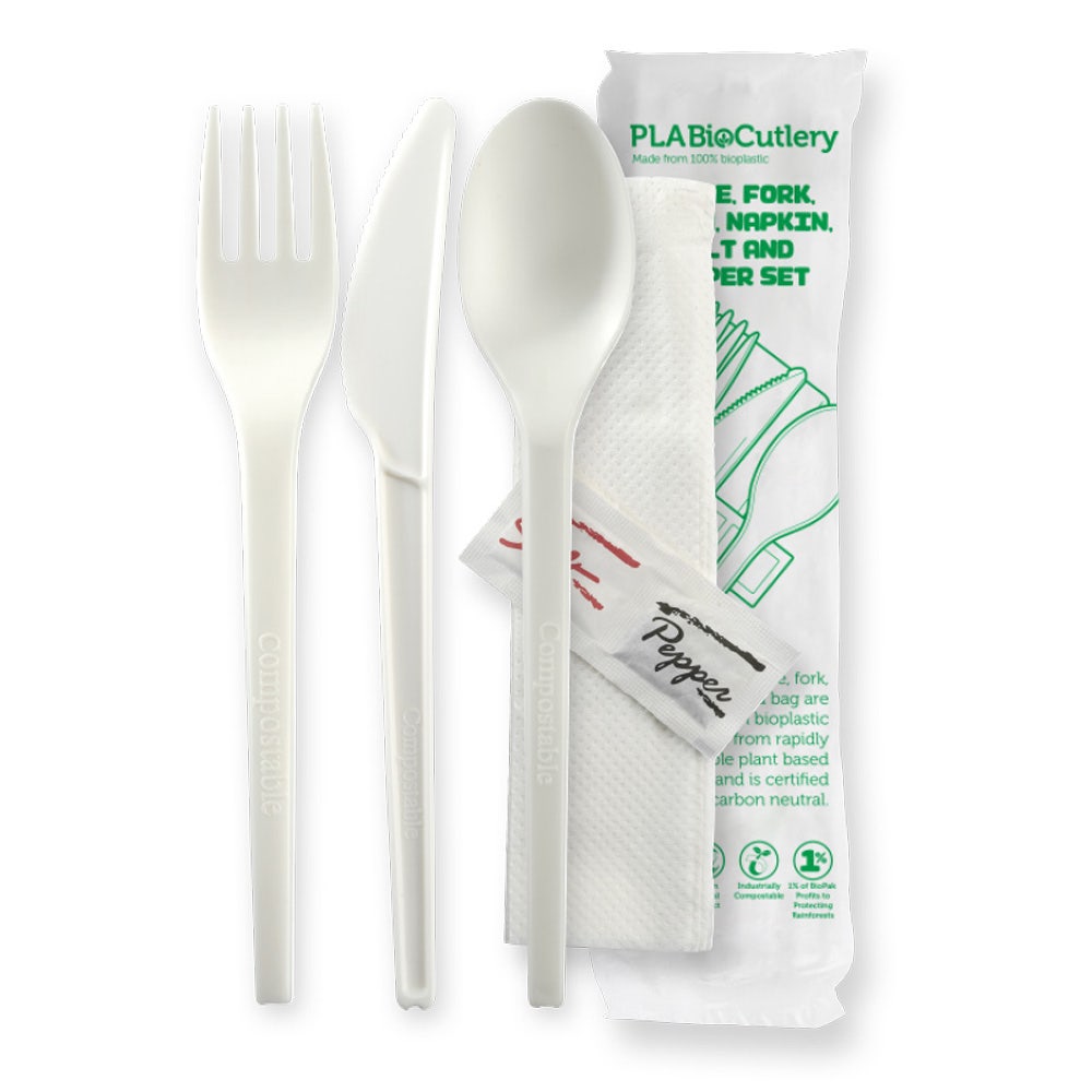 16.5cm / 6.5" PLA Knife, Fork, Spoon, Napkin, Salt & Pepper Set 1