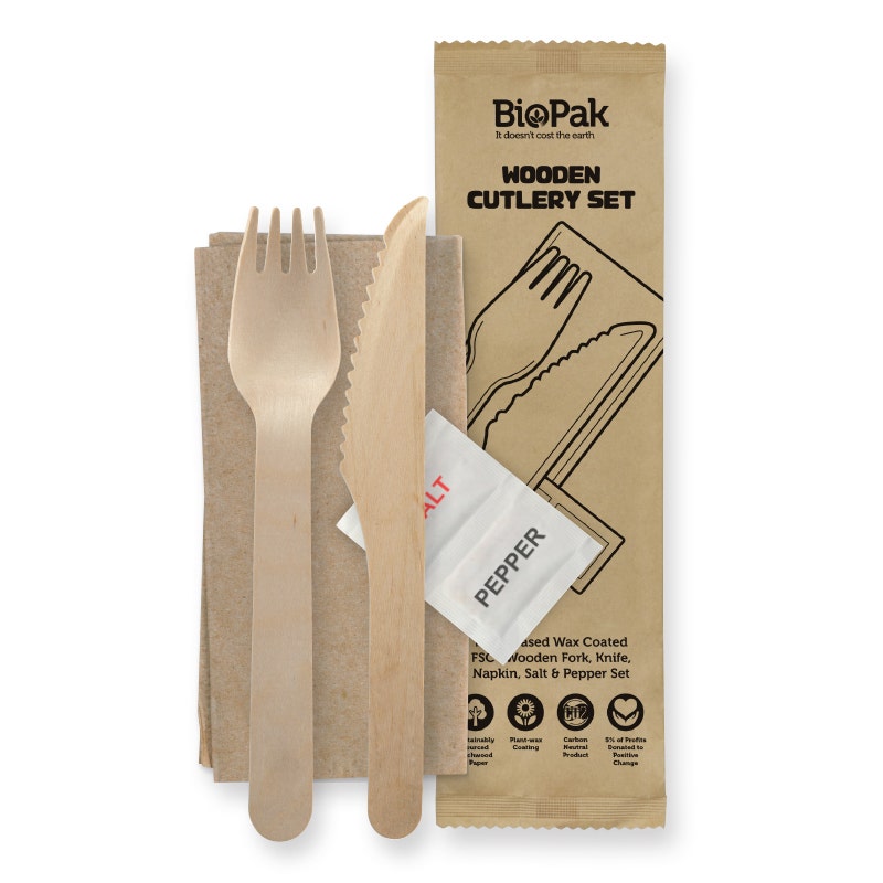 16cm Wood Knife, Fork, Napkin, Salt & Pepper Set 1