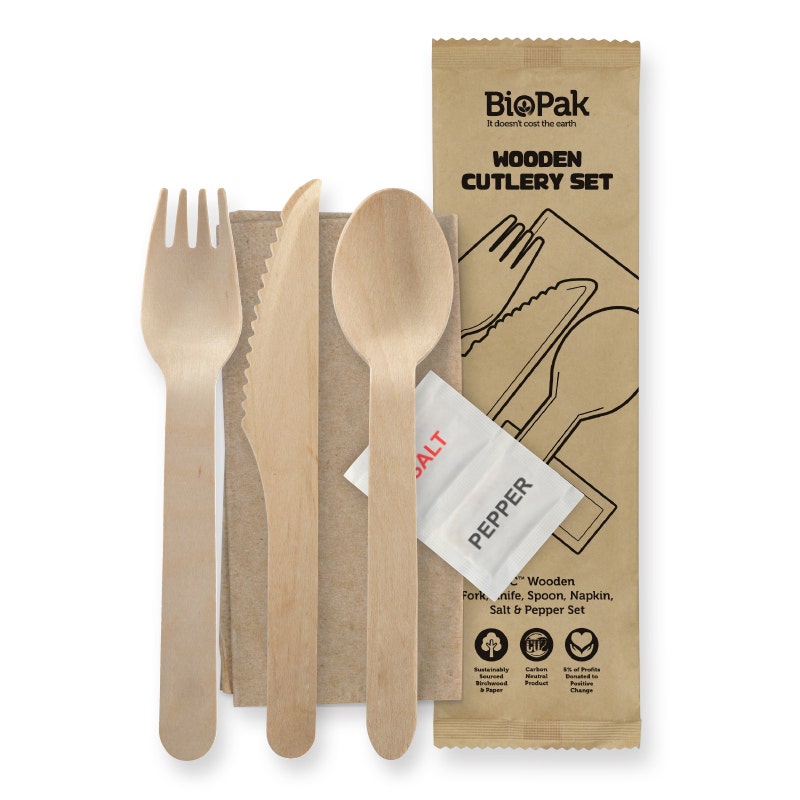 16cm Wood Knife, Fork, Spoon, Napkin, Salt & Pepper set 1