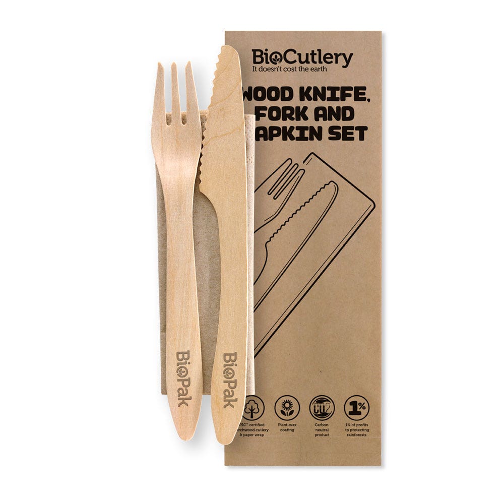 19cm Coated Wood Knife, Fork & Napkin Set 1